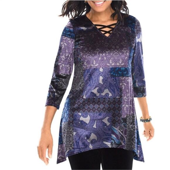 Chico's size 0 Velvet Midnight Patchwork 3/4 Sleeve Paisley Print Tunic Top S - Picture 1 of 6